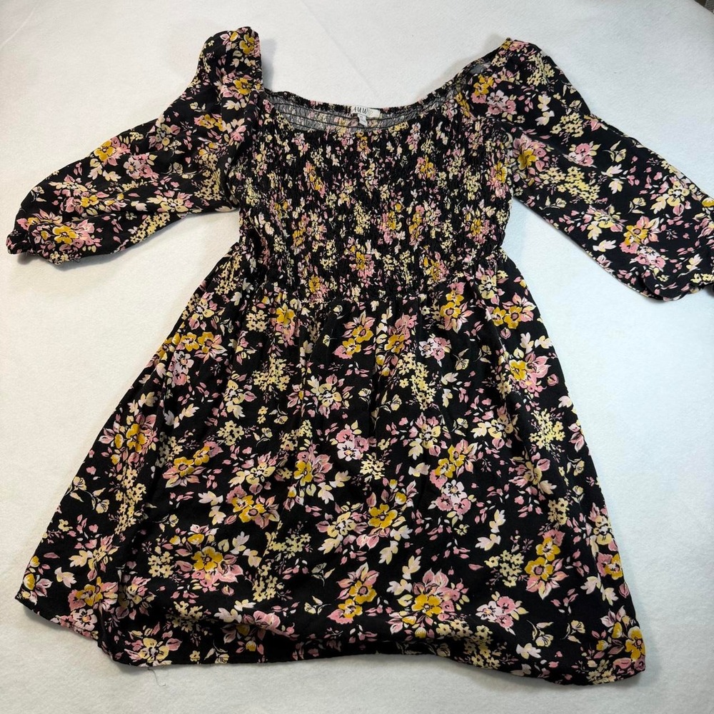 A.U.W. Black Floral Smocked Puff Sleeve Dress XL Cottagecore Ditsy Mini